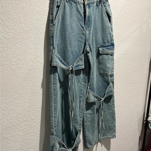 Cider Jeans Womens XS Wide Leg Mid Rise Bowknot Tie Cargo Jean Light Wash Blue - Picture 3 of 8
